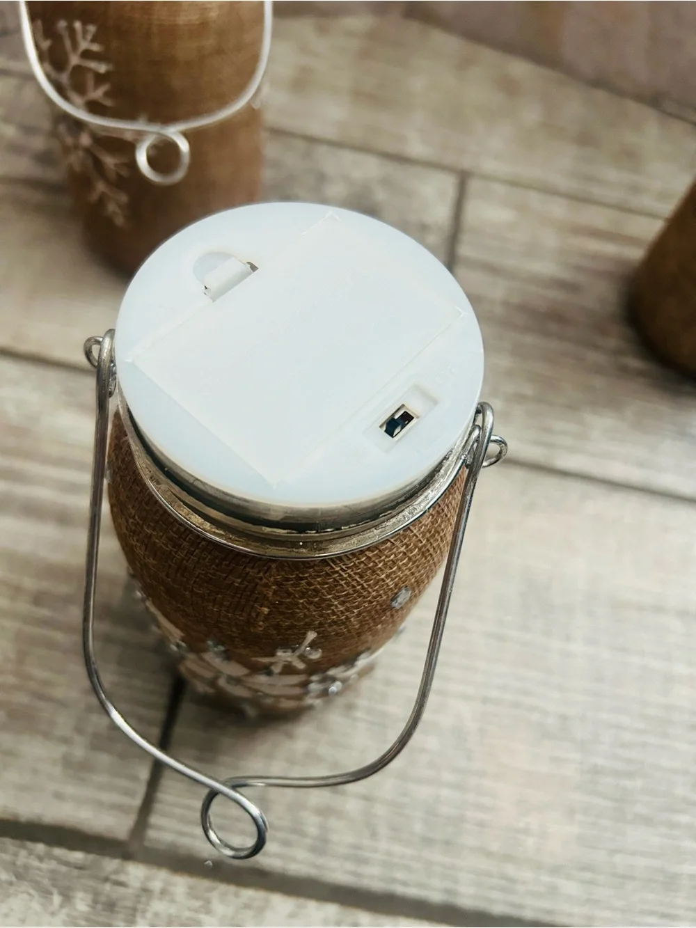 Burlap Mason Jar Twinkle Lights 3pc Set White Snowflake Design